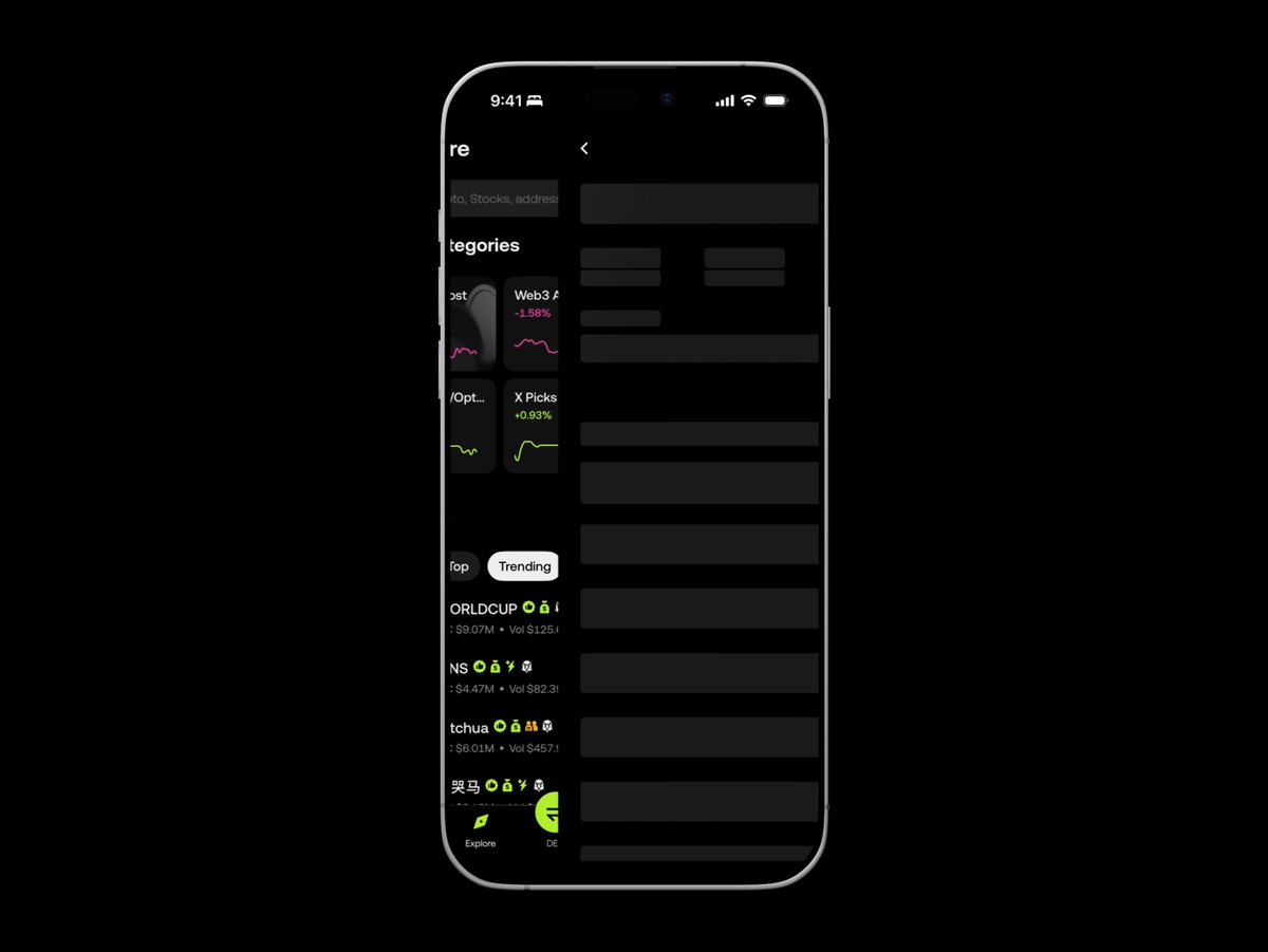 The image shows a dark-themed mobile trading app screen displaying cryptocurrency categories including "Web3" (-1.58%) and "X Picks" (+0.93%), along with a trending tokens list featuring WORLD CUP, and tickers like WLD, BTC, ENS, and PEATCHUA with their respective price changes and volume stats. At the bottom, an "Explore" tab and green "DE..." (DEX) button are visible, supporting the post's message about using Quick Buy on the DEX to purchase tokens directly from the charts.