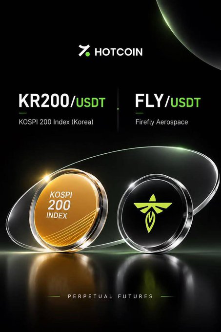A promotional graphic for Hotcoin announcing the launch of KR200/USDT (KOSPI 200 Index) and FLY/USDT (Firefly Aerospace) perpetual futures contracts, featuring up to 20× leverage, with the two tokens displayed as stylized coins on a sleek black background.