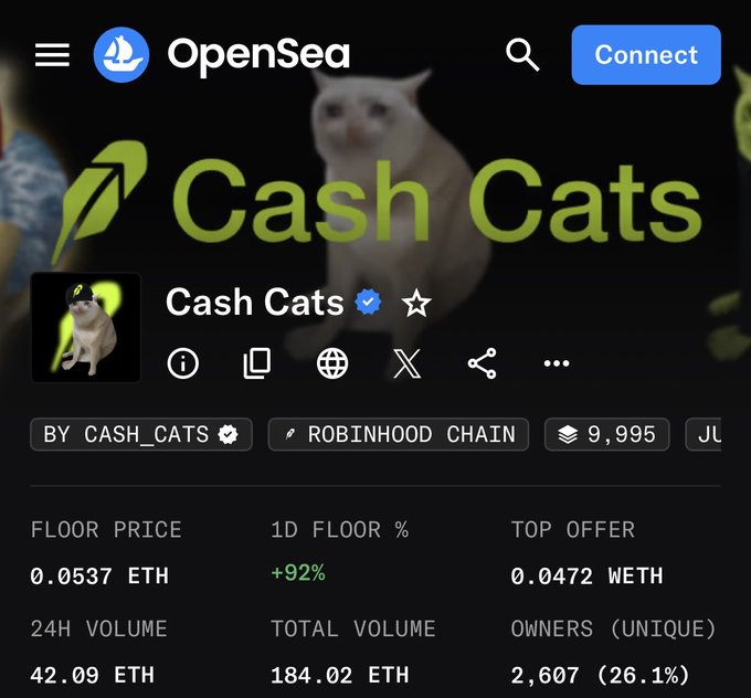 The image shows the OpenSea NFT marketplace page for the "Cash Cats" collection by CASH_CATS on Robinhood Chain, displaying a floor price of 0.0537 ETH, a 92% gain in the 1D floor percentage, and 42.09 ETH in 24-hour volume. These metrics visually support the post's claim that Cash Cats are rallying, with the notable 92% daily floor price surge and active trading volume backing the call for the NFT and $cashcat token to "send higher."