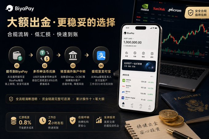 An advertisement for BiyaPay, a currency exchange service, featuring Chinese text about large withdrawals with low exchange rates, showing a phone displaying 1,000,000.00 CNY and a laptop with NVIDIA, SanDisk, and Micron stock tickers.