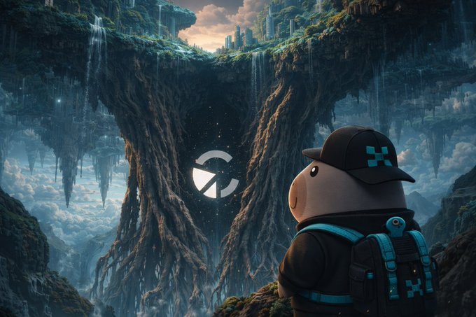 A digital illustration of a cap-wearing character with a backpack looking out at a fantastical floating landscape with waterfalls and a distant castle, with a circular loading icon in the center.