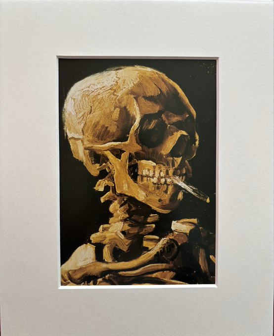A framed painting of a skull smoking a cigarette against a dark background, rendered in a Van Gogh-like impressionist style.