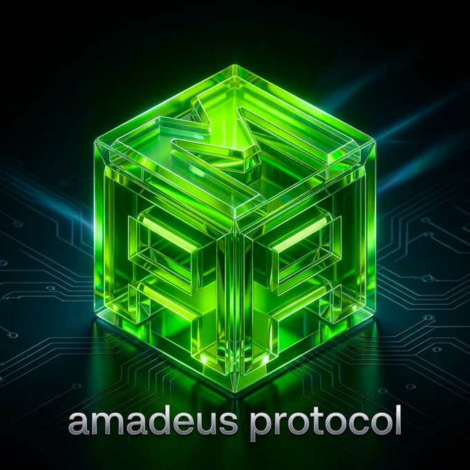 A luminous green translucent cube with geometric maze-like pathways sits on a dark circuit board, visually evoking a complex, verifiable on-chain system. The text "amadeus protocol" appears below, tying the image to the post's emphasis on purpose-built Layer 1 infrastructure for true autonomous AI agents.