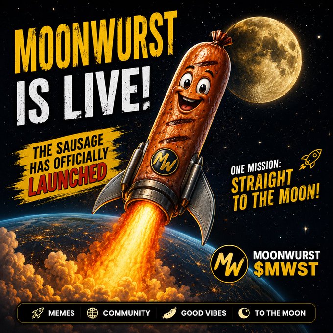 A promotional graphic featuring an anthropomorphic sausage rocket blasting off toward the moon, with text reading 'MOONWURST IS LIVE!', 'THE SAUSAGE HAS OFFICIALLY LAUNCHED', and 'MOONWURST $MWST'.