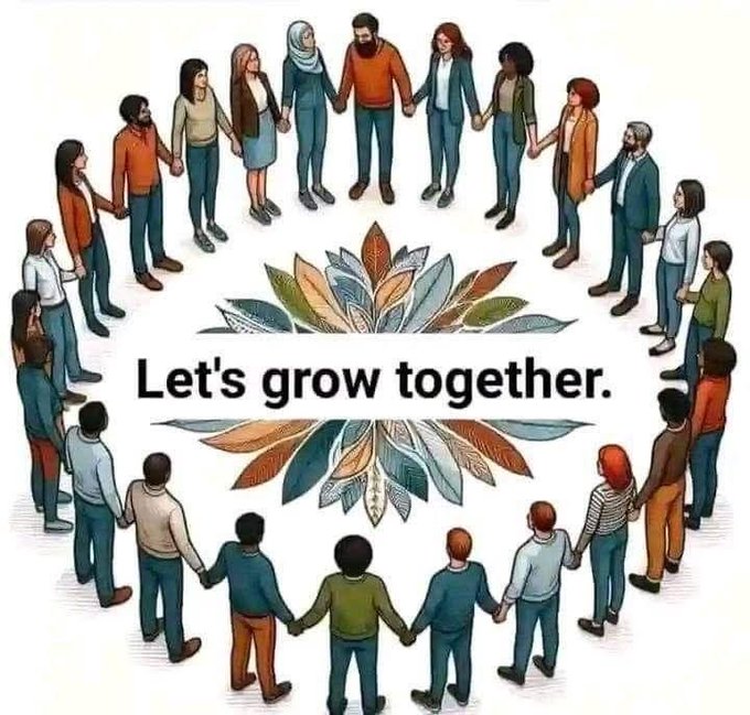 The image features a group of people standing around each other with their hands clasped, forming a circle. The phrase "Let's grow together" is written above them, emphasizing unity and collaboration among the individuals present.