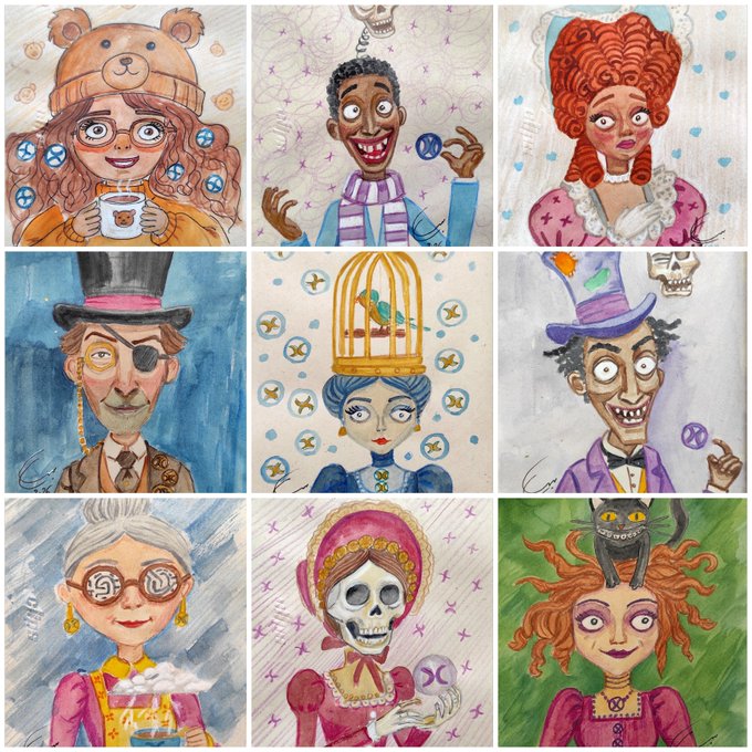 A collection of nine whimsical character portraits, featuring various eccentric figures like a girl in a bear hat, a skull-faced woman, and men with wild expressions.