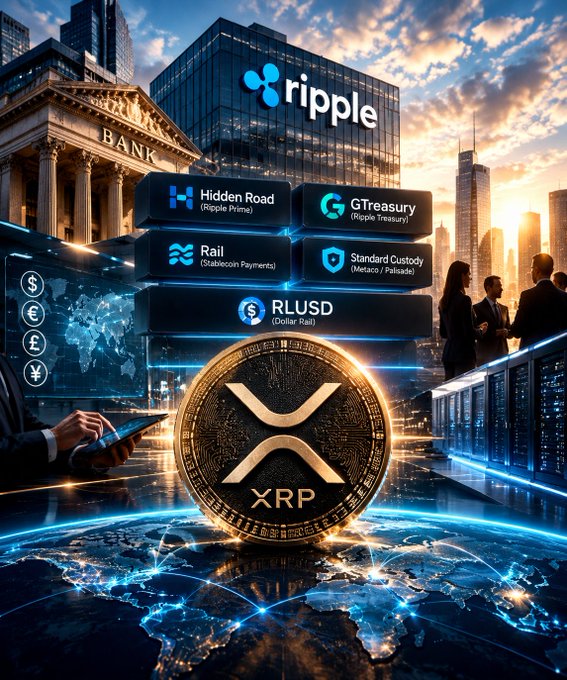 A digital artwork depicting Ripple (XRP) cryptocurrency with associated brands 'Hidden Road', 'GTreasury', 'Rail', 'Standard Custody', and 'RLUSD', set against a city skyline and bank building.