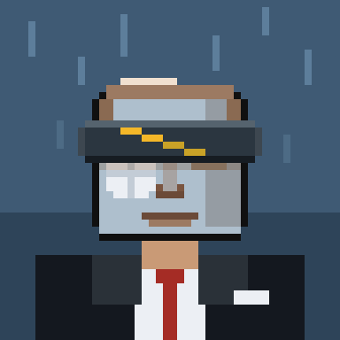 A pixel art portrait of a man in a black suit and red tie wearing a hat that conceals his face, illustrating the ZAddr collection's theme of anonymity where every face is public but the owner remains unknown.