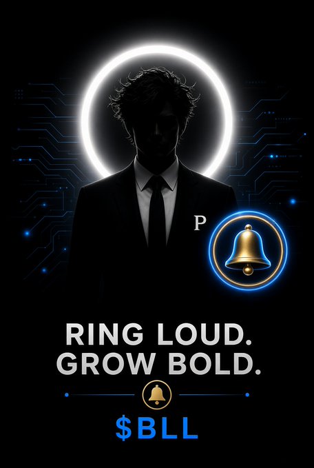 A dark promotional poster featuring a silhouetted figure in a suit against a glowing ring, with a notification bell icon and text reading 'RING LOUD. GROW BOLD.' and '$BLL'.