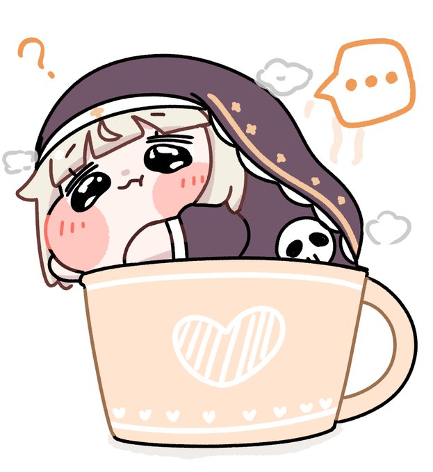 A cute chibi-style illustration shows a pale, lavender-haired character with large teary eyes and blushing cheeks peeking out of a giant peach-colored teacup decorated with a heart and small heart accents. A small skull sits beside them inside the cup, while a steam-like speech bubble with three dots rises above, hinting at confusion—matching the post's ❓ emoji that conveys puzzlement.