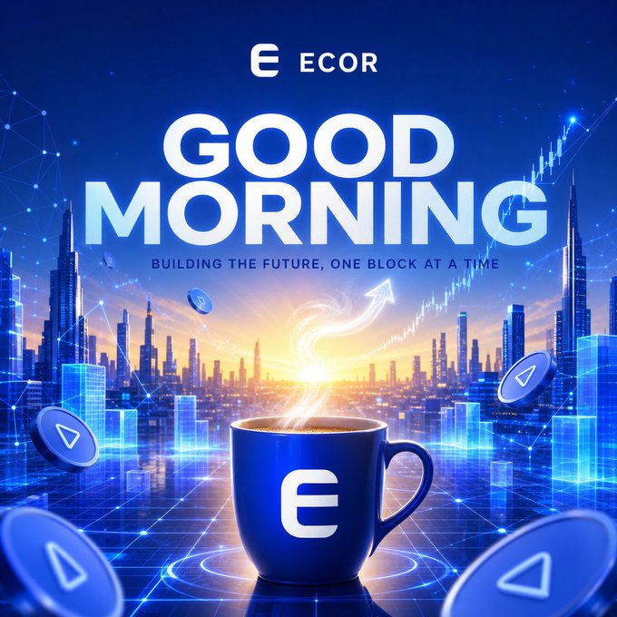 A vibrant "Good Morning" graphic for ECOR featuring a steaming branded coffee mug set against a futuristic cityscape with rising crypto coins and a growth chart, paired with a motivational Monday message from Team ECOR welcoming the new week. The image's sunrise and upward chart symbolism visually reinforce the post's theme of fresh starts, progress, and collective growth.