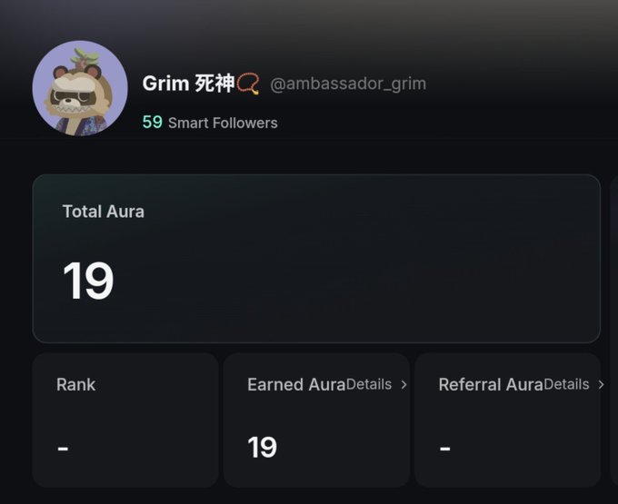 A social media dashboard showing a profile named 'Grim 死神' with 59 Smart Followers, displaying a Total Aura of 19 and a Rank of '-', with options for Earned AuraDetails and Referral AuraDetails.