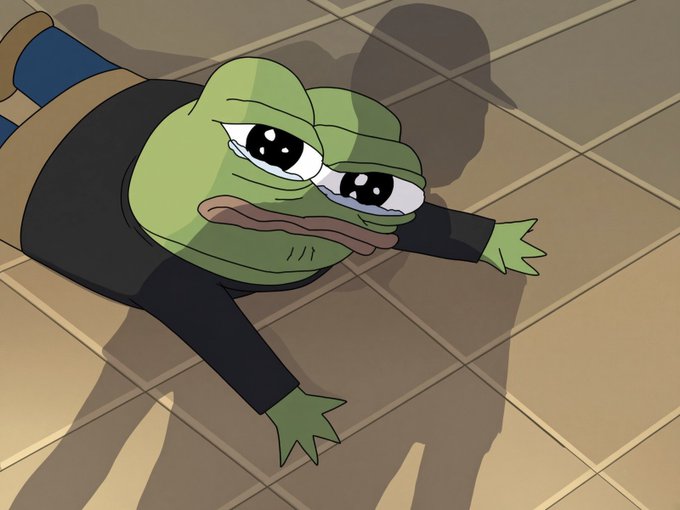 An animated image shows a green frog character with large tearful eyes lying flat on a tiled floor, casting a shadow.