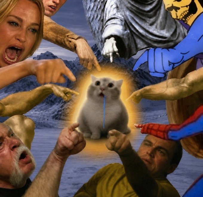 A surreal digital collage in the style of Michelangelo's 'Creation of Adam,' depicting various people and characters pointing accusingly at a central white cat with a glowing aura and drool.