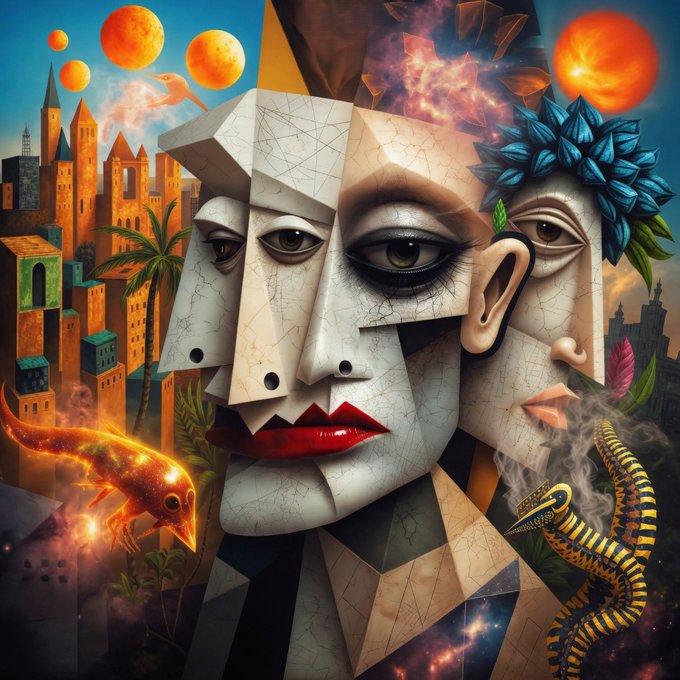 A surreal, cubist-style artwork featuring fragmented faces with red lips and dark eyes, set against a backdrop of stylized cityscapes, planets, and a fiery lizard creature.