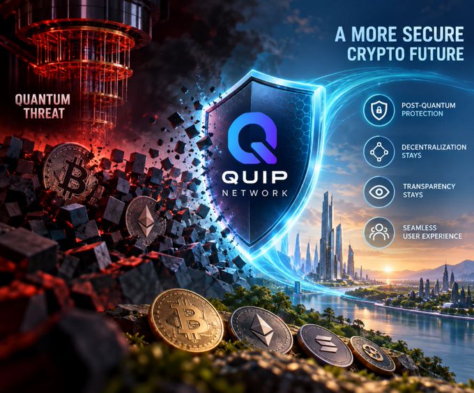 A promotional graphic for 'QUIP NETWORK' featuring a shield logo with the text 'A MORE SECURE CRYPTO FUTURE,' highlighting features like post-quantum protection, decentralization, transparency, and seamless user experience, alongside various cryptocurrency coins.