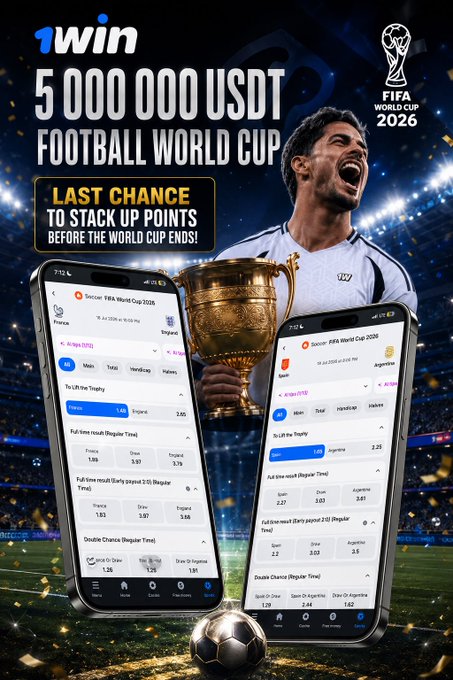 The image is a promotional ad for 1win featuring a 5,000,000 USDT FIFA World Cup 2026 prize pool, showing a triumphant soccer player holding a trophy alongside two smartphones displaying the 1win betting app with World Cup odds and match data. The banner highlights a "LAST CHANCE TO STACK UP POINTS BEFORE THE WORLD CUP ENDS!" call-to-action, tying directly into the post's message about the final two matches of the tournament and the chance to win a share of the massive prize pool.