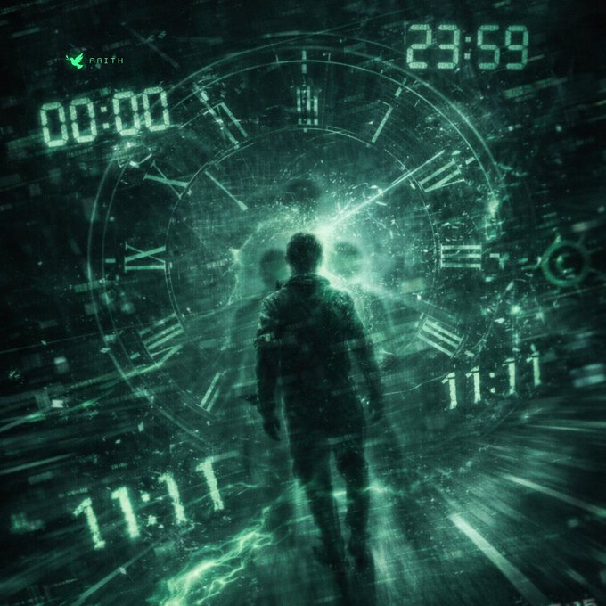 A digital artwork featuring a silhouette of a person standing before a glowing green clock face with Roman numerals and digital timestamps (00:00, 11:11, 23:59), with a 'FAITH' logo in the upper left.