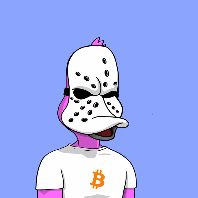 A cartoon illustration of a figure with a hockey mask (resembling Jason Voorhees) and a white shirt featuring an orange Bitcoin '₿' logo against a light blue background.