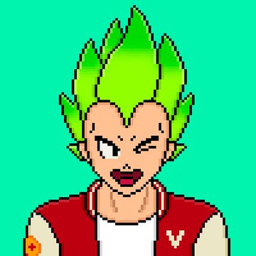 A pixel art portrait of an anime-style character with spiky green hair, wearing a red and white jacket, on a teal background.