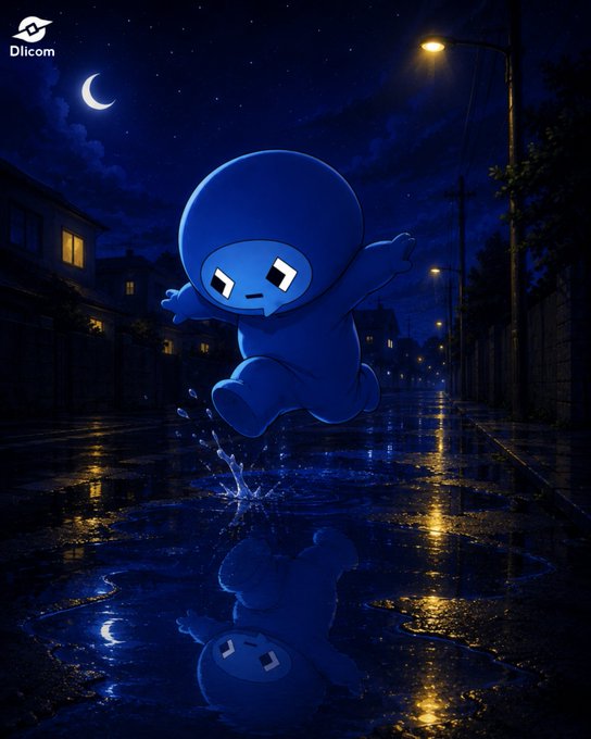 A blue, rounded cartoon character with an angry expression jumps through a puddle on a wet street at night, with its reflection visible in the water, under a crescent moon and streetlights; the 'Dicom' logo is in the top left.