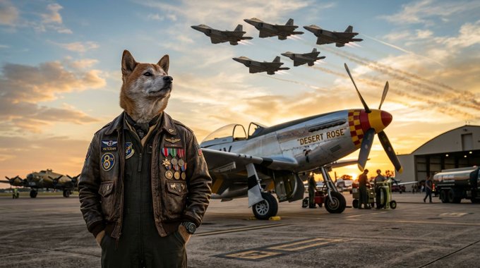A digital artwork features a Shiba Inu dog wearing a brown aviator jacket adorned with medals, standing in front of a P-51 Mustang aircraft labeled 'DESERT ROSE' with five fighter jets flying overhead at sunset.