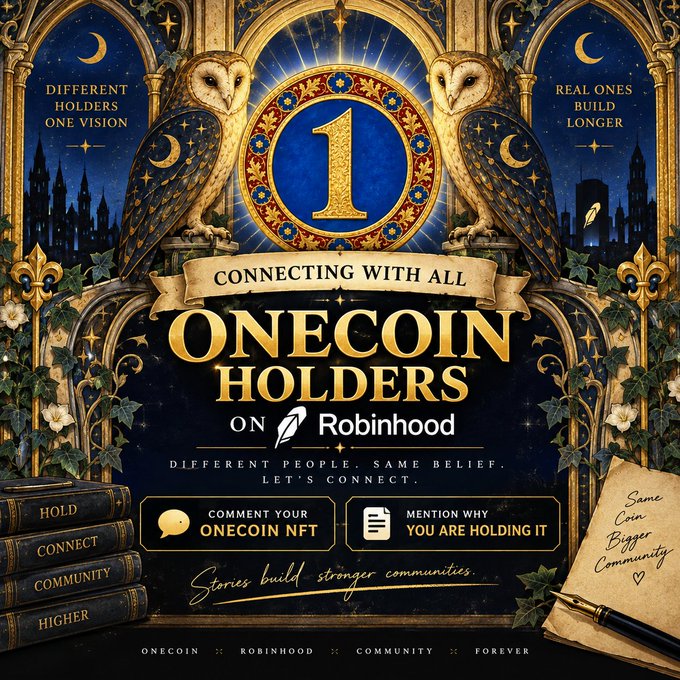An ornate, gothic-style promotional graphic titled "ONECOIN HOLDERS ON Robinhood," featuring twin owls, a central "1," and calls to comment holding status, with text including "DIFFERENT PEOPLE. SAME BELIEF. LET'S CONNECT."