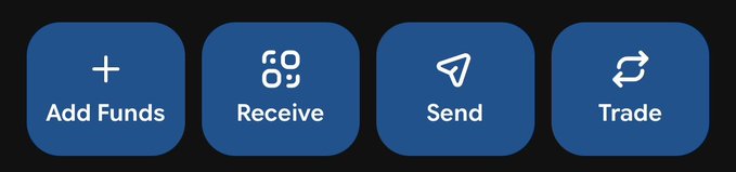 The image displays four blue rounded square buttons with white icons and labels: "Add Funds" (+), "Receive" (QR code icon), "Send" (paper plane), and "Trade" (circular arrows). This illustrates the post's observation that crypto wallets have converged on a nearly identical set of four icons for their core actions — though arguably a feature for usability, it's also become a boring, indistinguishable visual cliché across the industry.