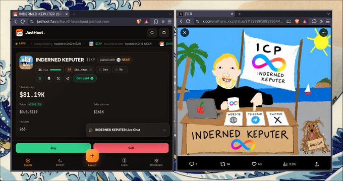 Two side-by-side social media pages: on the left, a JustHoot profile for “INDERNED KEPUTER” shows market-cap stats including “$81.19K,” “$0.8119,” “24h volume $361K,” and Buy/Sell buttons; on the right, a cartoon meme labeled “INTERNED KEPUTER” appears on an X post.