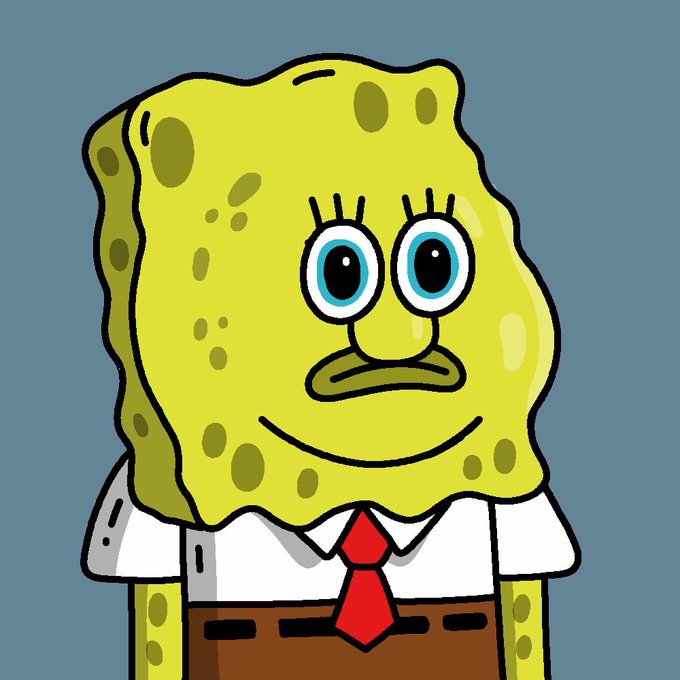 A cartoon image of SpongeBob SquarePants smiling against a plain blue-gray background, wearing his signature white shirt and red tie.