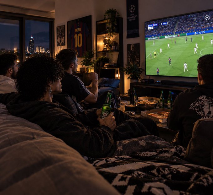A group of people watching a UEFA Champions League soccer match on TV in a dimly lit living room, with one person holding a Heineken beer bottle and a framed Messi #10 jersey displayed on the wall.