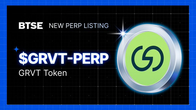 A promotional graphic for a BTSE 'NEW PERP LISTING' of the '$GRVT-PERP' GRVT Token, featuring a green and silver coin logo.