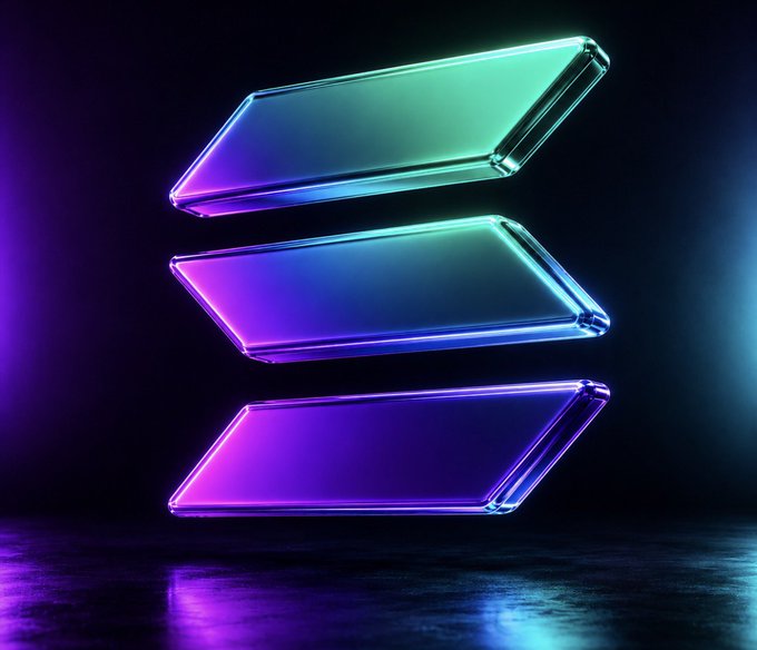 The image features three square glass panels, each with a different color - purple, blue, and green. These panels are arranged vertically against a black background, creating an interesting visual effect due to their reflective properties. The text "This is simply another @solana bull post." is written below the panels, possibly indicating that this image was taken or shared on social media platforms related to the #solana hashtag.