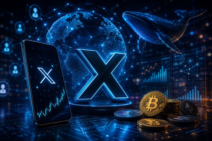 Digital graphic depicting the X (formerly Twitter) logo on a glowing pedestal, accompanied by a smartphone showing the X logo, a blue whale, a globe, and stacks of Bitcoin and Ethereum coins.