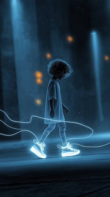 A lone figure in glowing sneakers walks forward through a dim, atmospheric space illuminated by shafts of blue light, symbolizing focused determination. The image captures the "another day to grind" mindset—moving forward step by step, chasing that Gm energy.