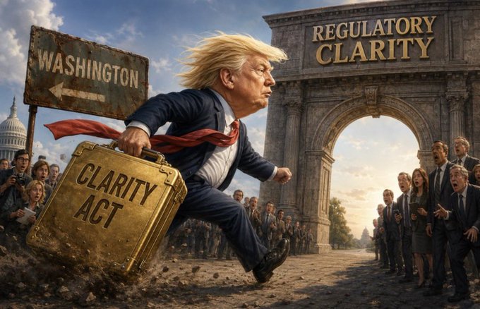 A satirical AI-generated illustration depicting Donald Trump running while carrying a gold briefcase labeled 'CLARITY ACT' toward an archway marked 'REGULATORY CLARITY' with onlookers and a 'WASHINGTON' sign in the background.