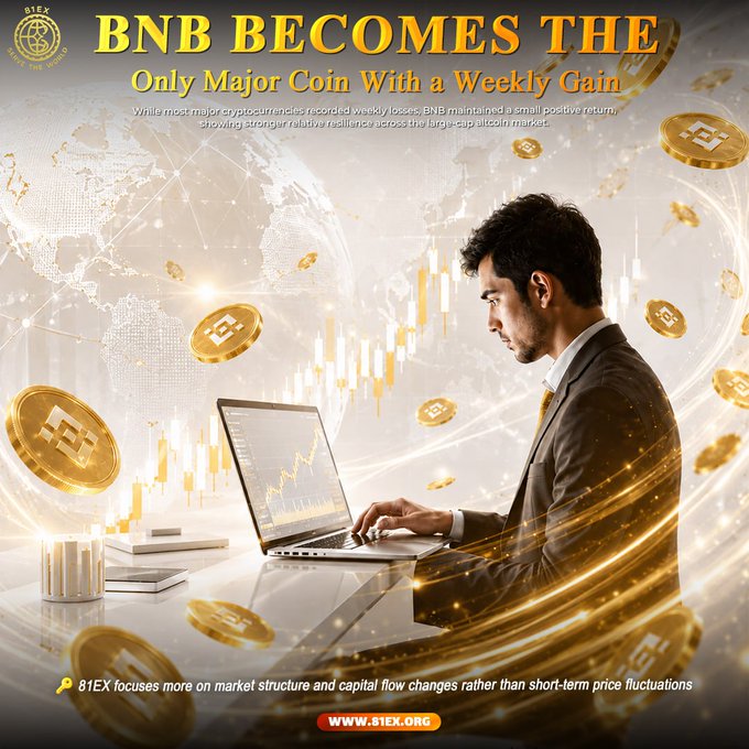 A man in a suit works on a laptop displaying a rising chart, surrounded by golden BNB coins and a glowing world map, with the headline "BNB BECOMES THE Only Major Coin With a Weekly Gain" and the footer noting "81EX focuses more on market structure and capital flow changes rather than short-term price fluctuations." The image visually reinforces the post's message of BNB's relative resilience and stable performance amid broader market declines.