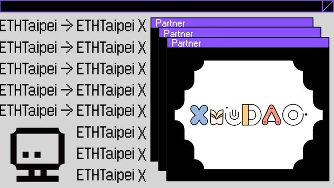 A retro-style pixelated graphic featuring repeated "ETHTaipei" text alongside a small robot icon, with three stacked browser windows labeled "Partner" displaying the colorful XueDAO logo, visually representing the announced partnership between ETHTaipei 2026 and Taiwan's student-led developer community XueDAO.