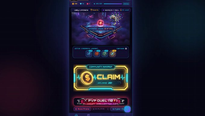 The image shows a mobile game interface for "DarkHero" featuring a "COMMUNITY AIRDROP CLAIM" button, an active Cryoborg League section, and a 1v1 PvP duel banner, directly promoting the closed beta airdrop event mentioned in the post. The interface displays a level 1 character with 0/8 players in the current league bracket, inviting eligible beta testers to claim their share of the 10,000,000 token reward.