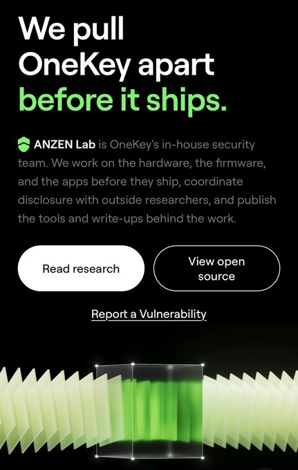 A dark-themed promotional graphic with the text 'We pull OneKey apart before it ships,' describing ANZEN Lab as OneKey's in-house security team, with buttons to 'Read research' and 'View open source'.