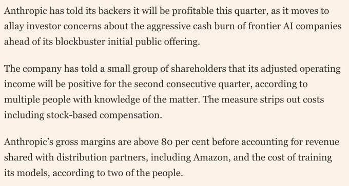 A news article stating that Anthropic has told backers it will be profitable this quarter ahead of its IPO, with positive adjusted operating income for the second consecutive quarter and gross margins above 80 percent.