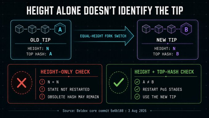 An infographic titled 'HEIGHT ALONE DOESN'T IDENTIFY THE TIP' explaining the need for a 'HEIGHT + TOP-HASH CHECK' over a 'HEIGHT-ONLY CHECK' during an equal-height fork switch, citing Beldex core commit 6e6b188 from 3 Aug 2026.