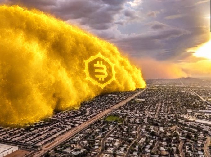 A dramatic AI-generated image of a massive golden sandstorm engulfing a city, featuring a glowing hexagonal logo with a 'ψ' or trident-like symbol at its center.