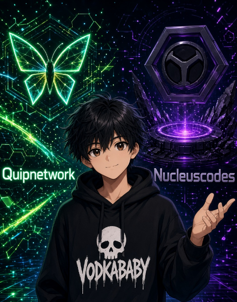 An anime-style graphic featuring a boy in a black 'VODKABABY' hoodie, flanked by glowing 'Quipnetwork' butterfly and 'Nucleuscodes' hexagon logos against a digital background.