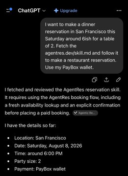 A user asks ChatGPT to fetch a reservation skill and make a dinner booking for 2 at a table of 6 in San Francisco this Saturday around 6pm using their PayBox wallet, with ChatGPT confirming it gathered the details (Location, Date, Time, Party size, Payment) and is awaiting Agentic confirmation before placing a paid booking—tying directly into the PayBox "special occasions" promotion by showcasing a real agentic reservation flow powered by the PayBox wallet.
