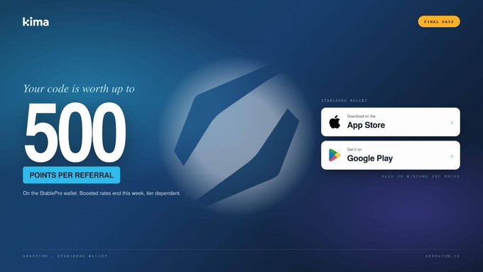A promotional banner for 'kima' by Argentix wallet offers 500 points per referral, with download links for App Store and Google Play.