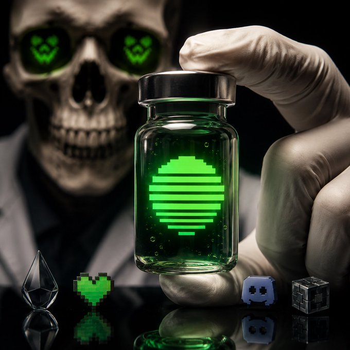 A dark, stylized image shows a skull with glowing green pixel heart eyes behind a scientist holding a vial containing a green glowing pixel heart, with retro gaming icons including a ghost, diamond, and blocks arranged below.