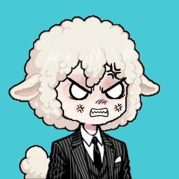 A cartoon illustration of an angry white sheep wearing a pinstriped business suit and tie against a teal background.