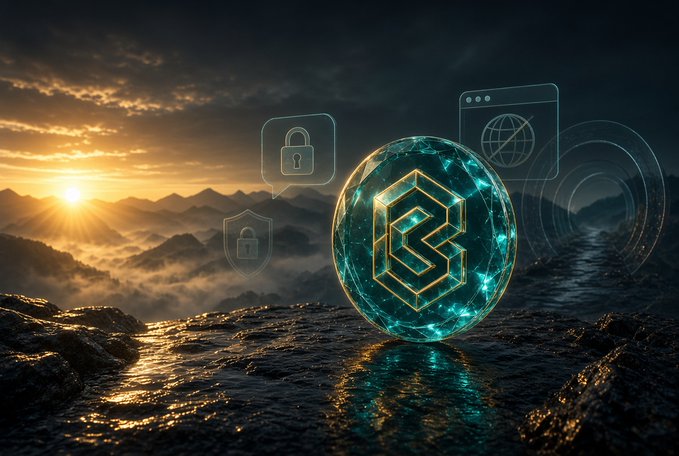 A digital artwork featuring a glowing teal sphere with a geometric logo resting on rocky terrain at sunset, surrounded by floating icons depicting a lock, shield, and browser window, suggesting a tech or cryptocurrency theme.