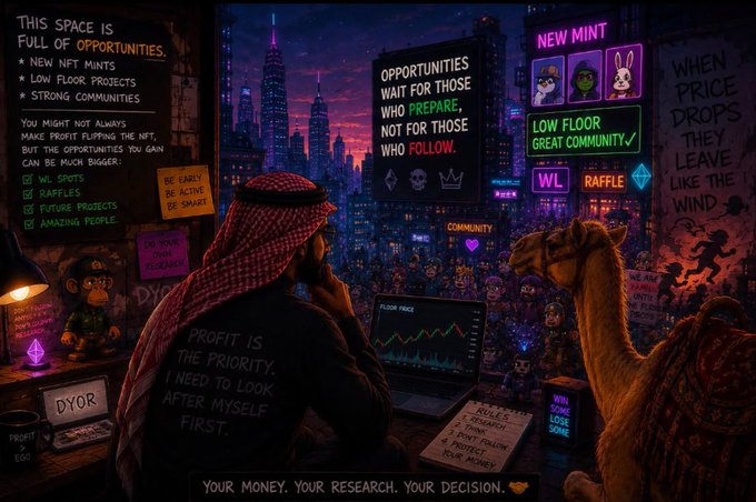 A hooded figure in a keffiyeh sits before a neon-lit cityscape analyzing NFT market data on a laptop, accompanied by a camel, with prominent text reading "OPPORTUNITIES WAIT FOR THOSE WHO PREPARE, NOT FOR THOSE WHO FOLLOW" alongside listings for "NEW MINT," "LOW FLOOR," and "GREAT COMMUNITY." The image visually reinforces the post's message about navigating NFT opportunities—whether catching new mints or finding undervalued projects with strong communities—emphasizing the importance of preparation and self-research over blindly following trends.
